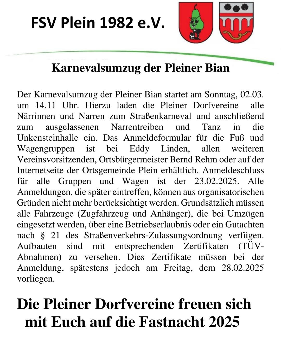 Anschreiben Fastnachtsumzug